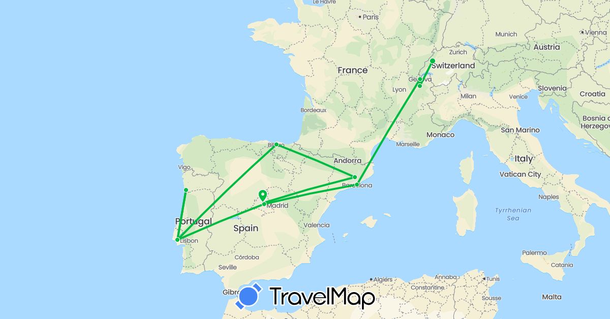 TravelMap itinerary: driving, bus in Switzerland, Spain, France, Portugal (Europe)